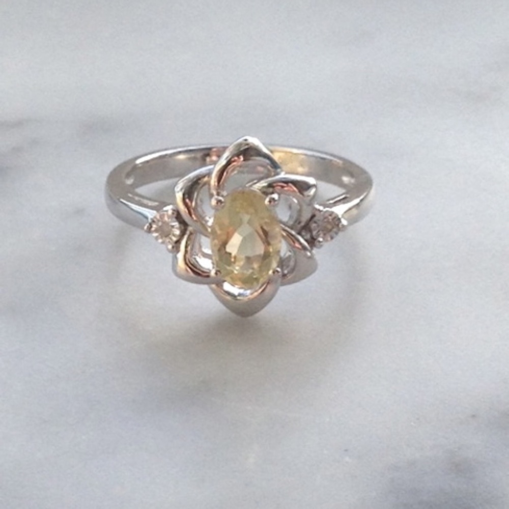 Genuine Diamond Lemon Quartz Ring Set In Sterling Silver